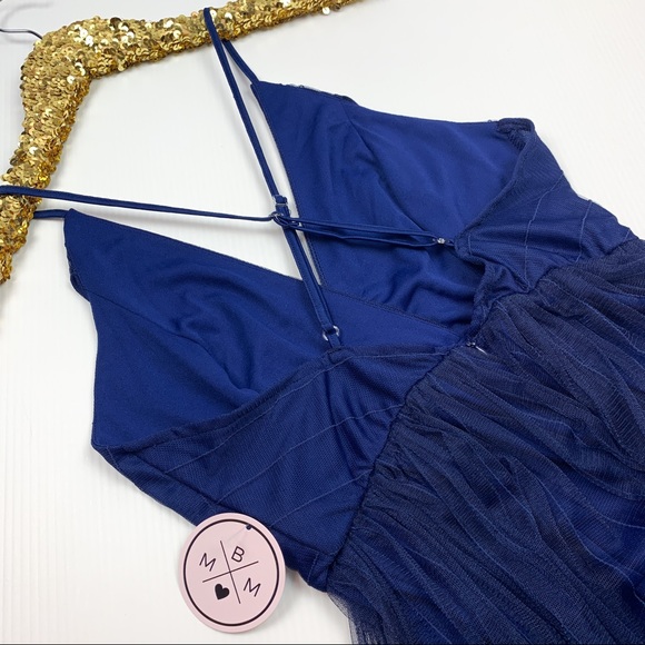 Navy Blue Criss Cross Back Mesh Elegant Maxi Dress - Picture 11 of 11